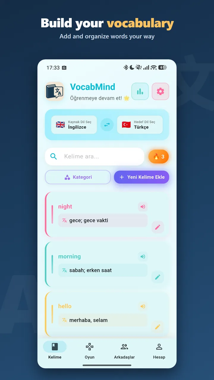 VocabMind preview showing saved words and translations