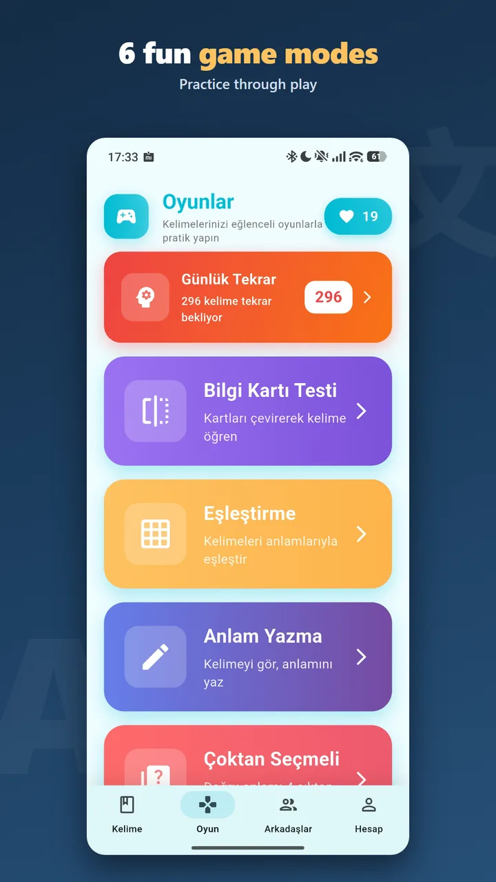 VocabMind preview showing the practice games menu