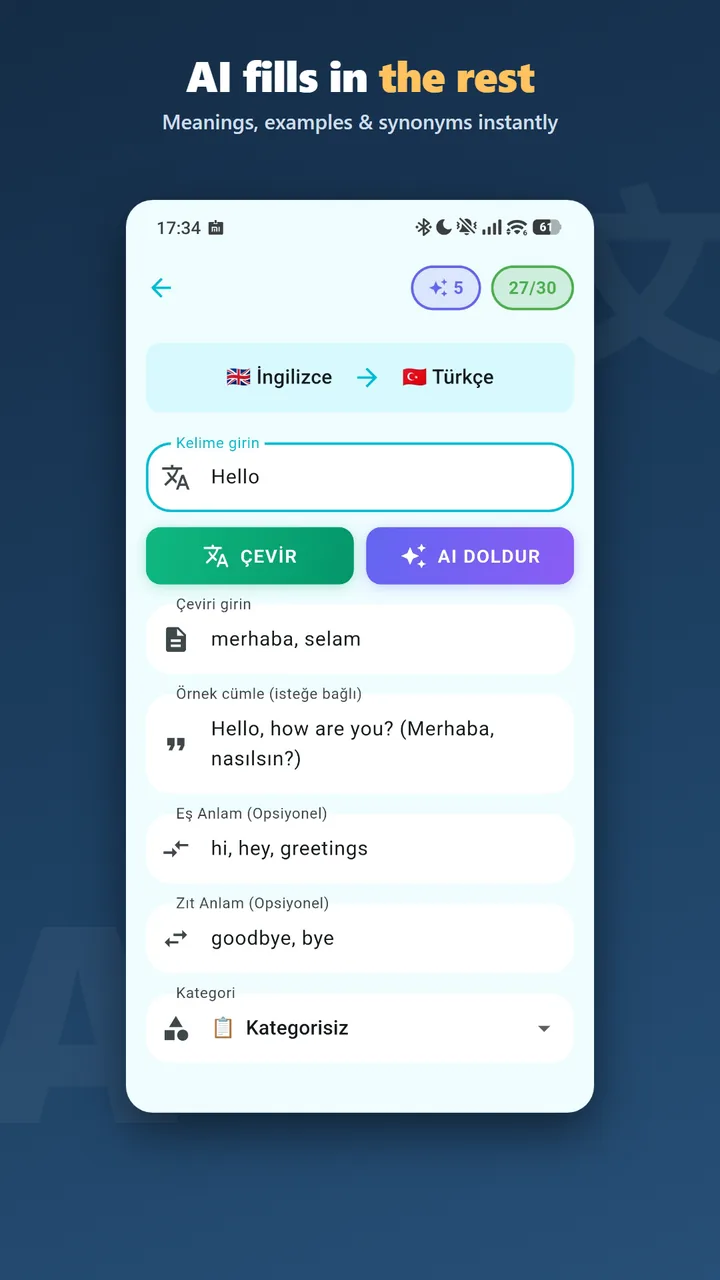 VocabMind preview showing an AI word definition and example